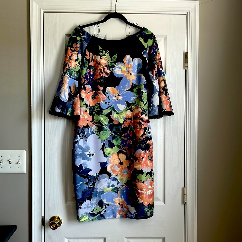 Size 8 scuba material sheath dress with bell sleeves